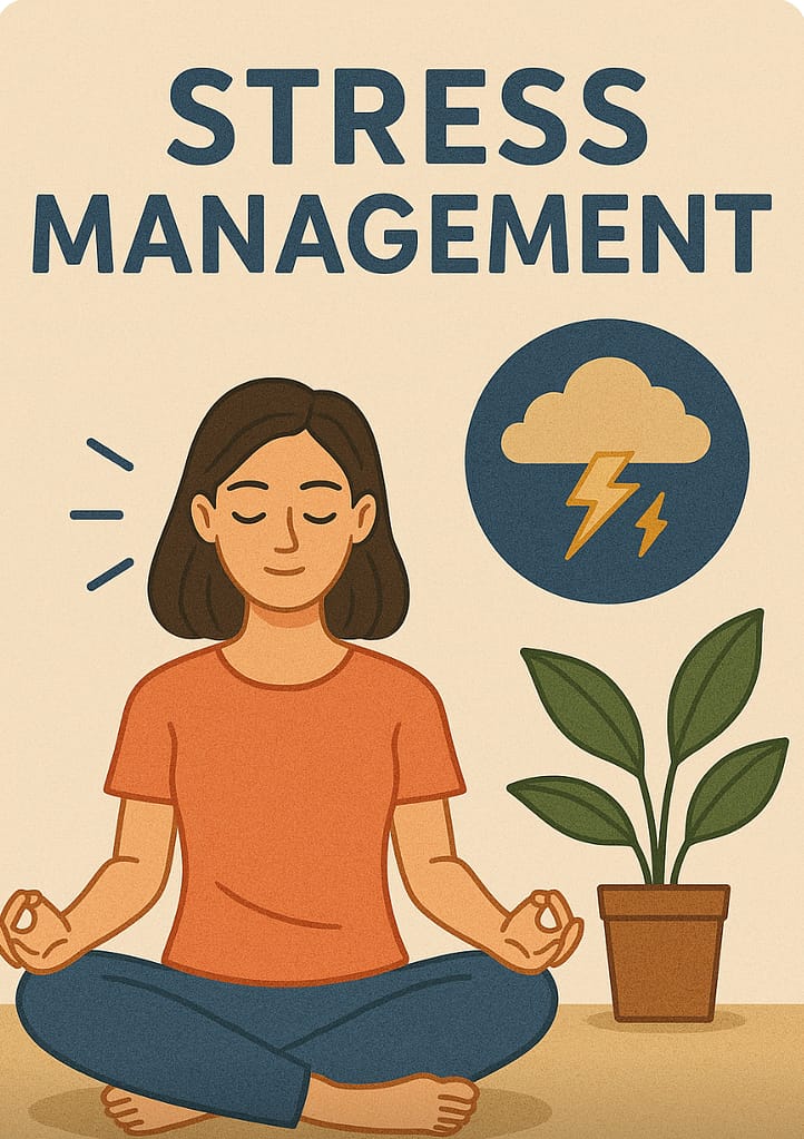 Woman meditating with stress management symbols around her