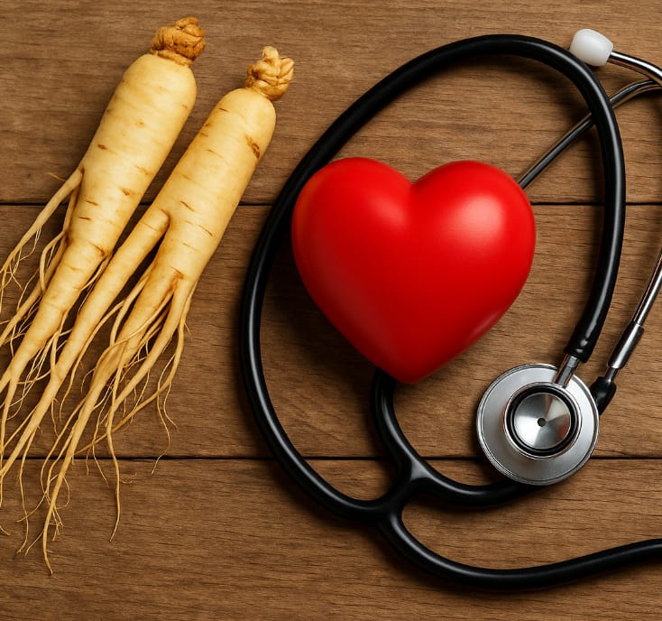 Korean ginseng roots with red heart and stethoscope symbolizing cardiovascular health