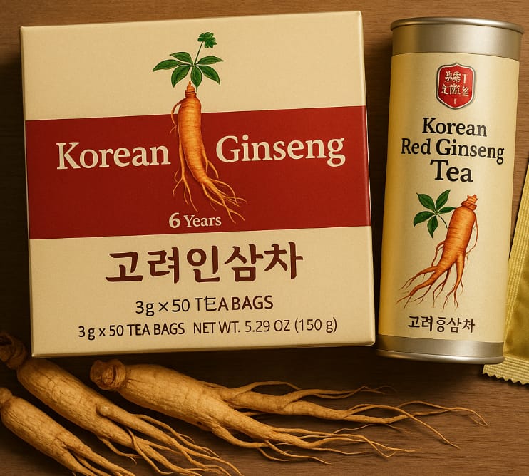 Premium Korean ginseng tea products with roots on wooden table