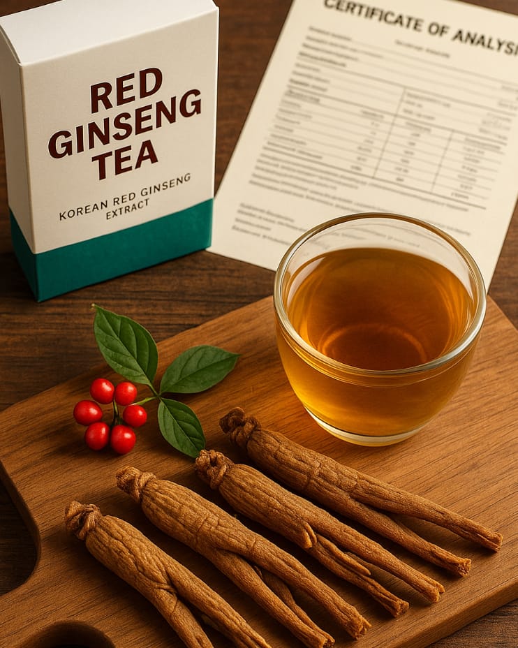 Korean red ginseng roots with red berries and a cup of tea beside a Certificate of Analysis