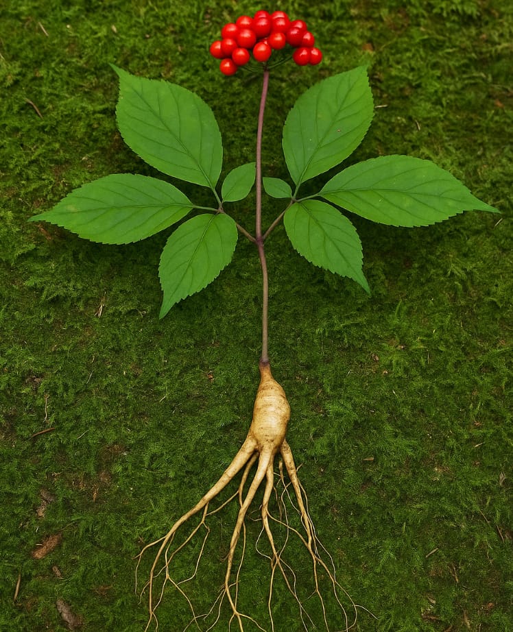 Freshly dug wild Korean sansam root with red berries on mossy forest floor