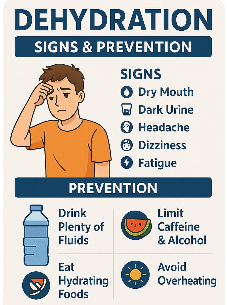 Infographic showing signs and prevention of dehydration with icons and illustrations