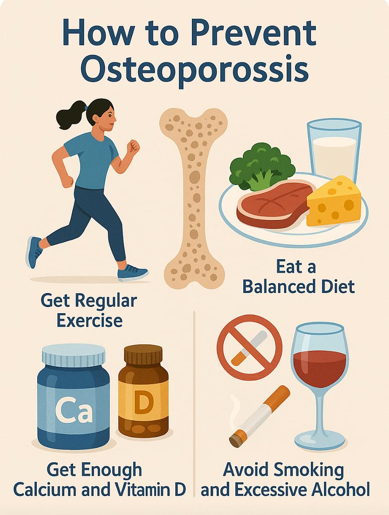 Infographic showing how to prevent osteoporosis through exercise, nutrition, and lifestyle