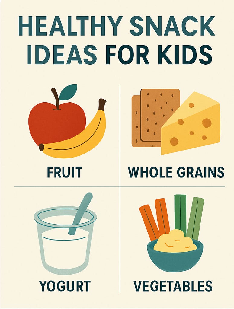 Infographic of healthy snack ideas for kids including fruit, whole grains, yogurt, and vegetables