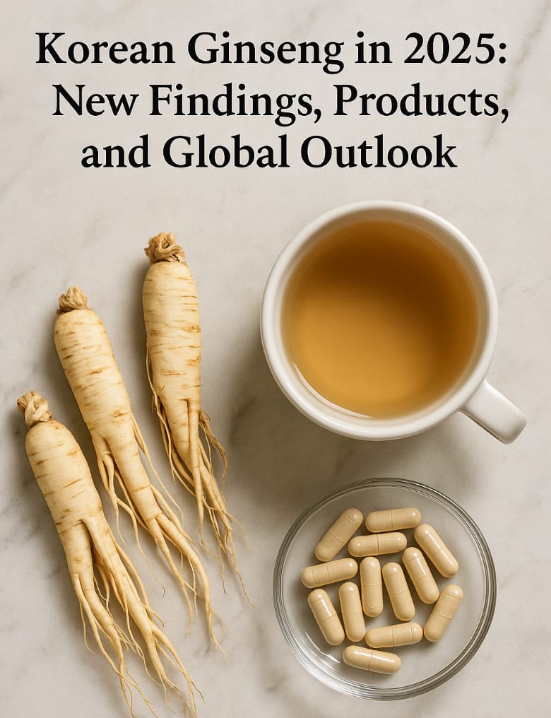 Korean ginseng roots, a cup of tea, and supplement capsules arranged on marble surface