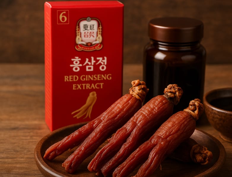 Premium Korean Red Ginseng roots with extract and tea on wooden table