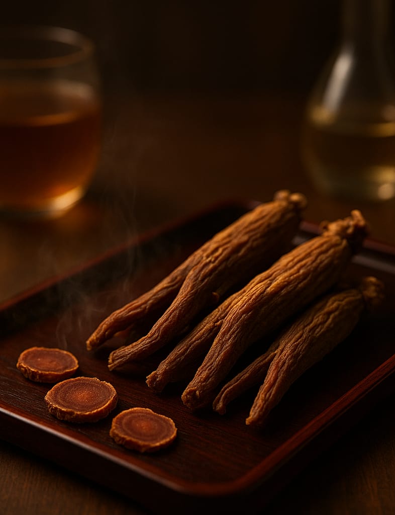 Premium Korean Red Ginseng roots and slices on a lacquer tray with warm tea in the background