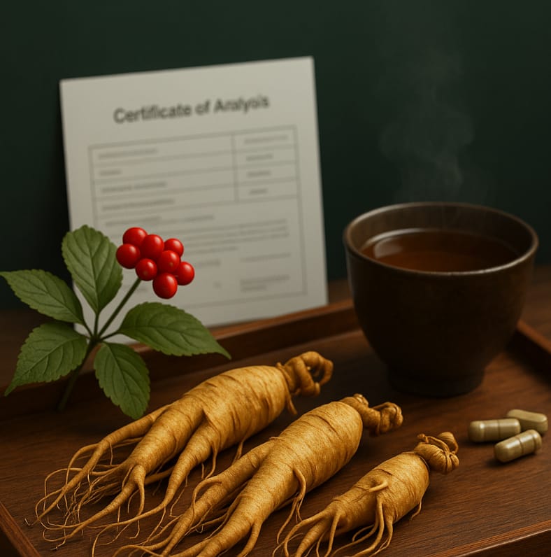 Premium Korean ginseng roots with red berries and a cup of tea on a wooden tray, COA in background