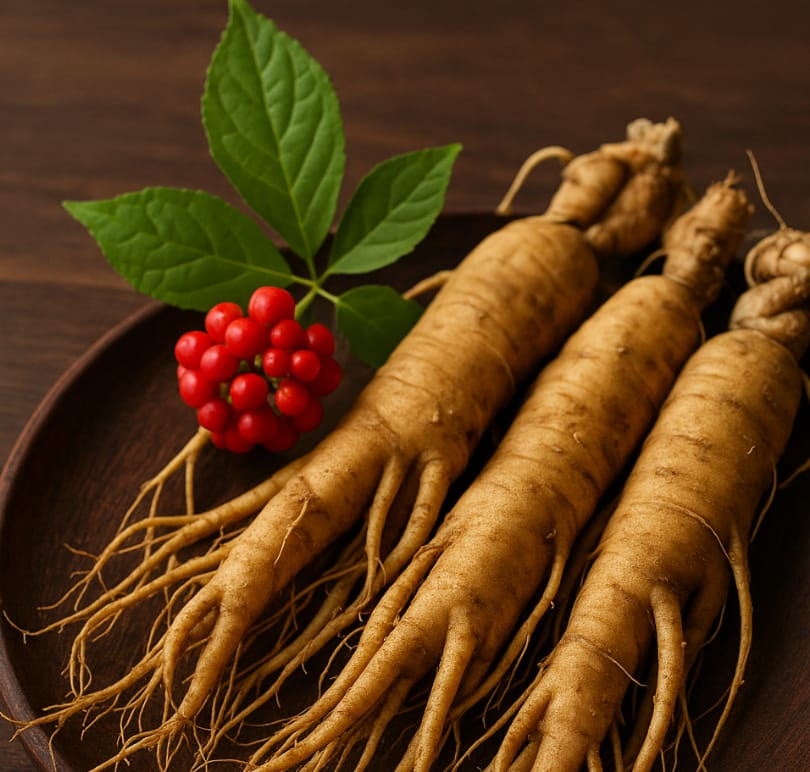 Natural Korean ginseng root and leaves symbolizing vitality and tradition