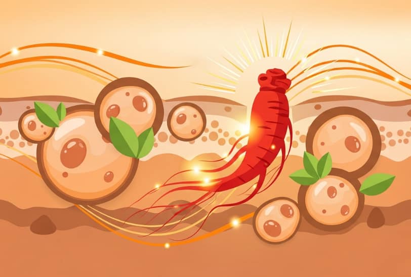 A woman with glowing skin holding Korean Red Ginseng root, symbolizing natural anti-aging and reduced inflammation.