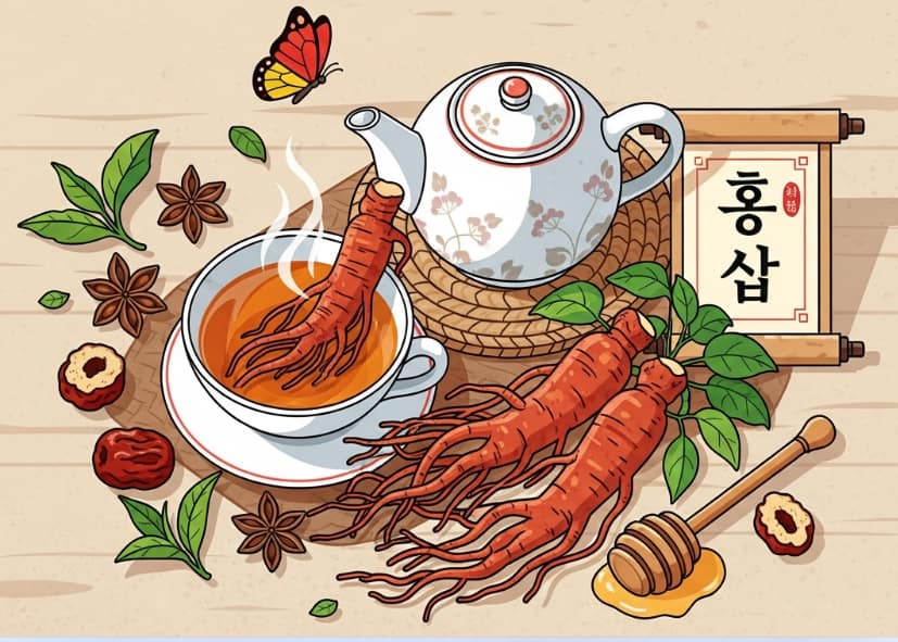 Korean Red Ginseng roots and tea promoting immune strength and balance