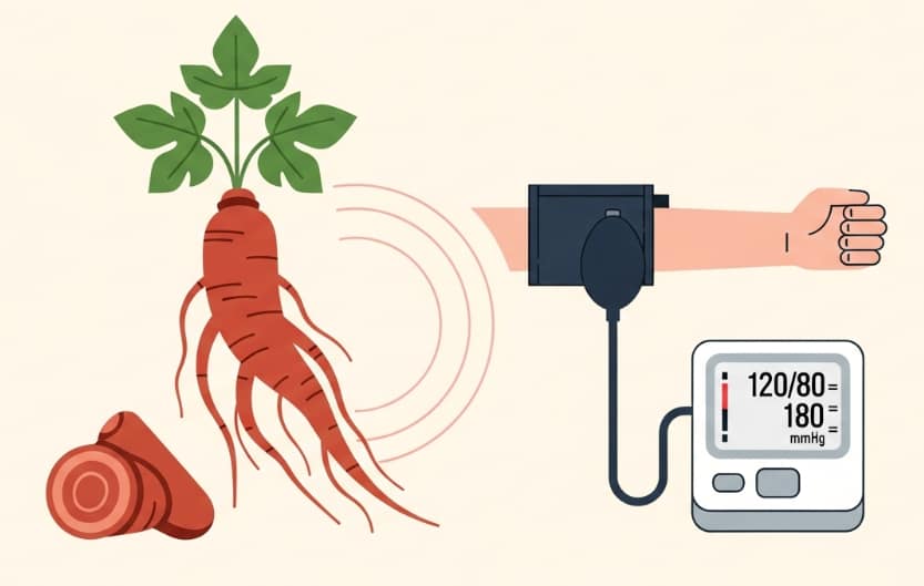Korean Red Ginseng root and blood pressure monitor symbolizing heart health