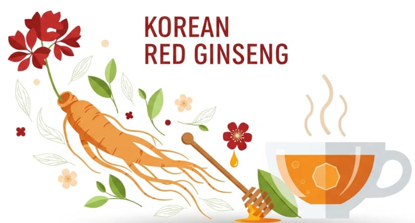 Korean Red Ginseng roots and tea symbolizing natural energy and vitality