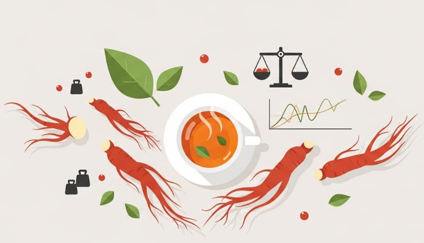 Korean Red Ginseng roots and tea representing natural blood sugar balance