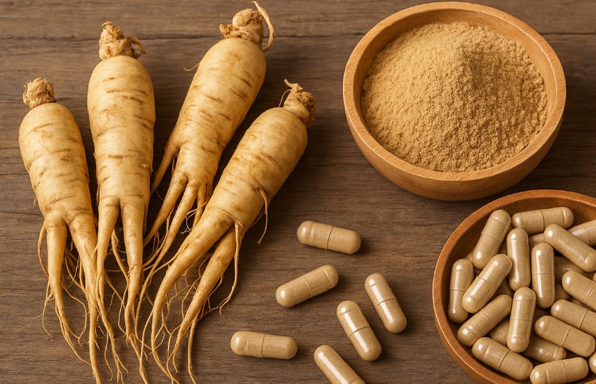Korean red ginseng roots, powder, and capsules on wooden table
