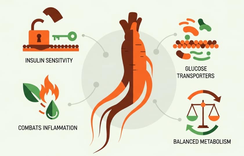 Korean red ginseng roots and molecular diagram illustrating insulin sensitivity improvement
