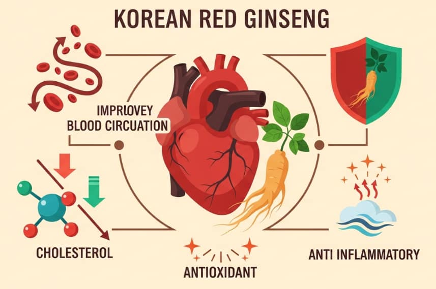 Korean Red Ginseng roots and heart symbol representing cholesterol balance and cardiovascular health