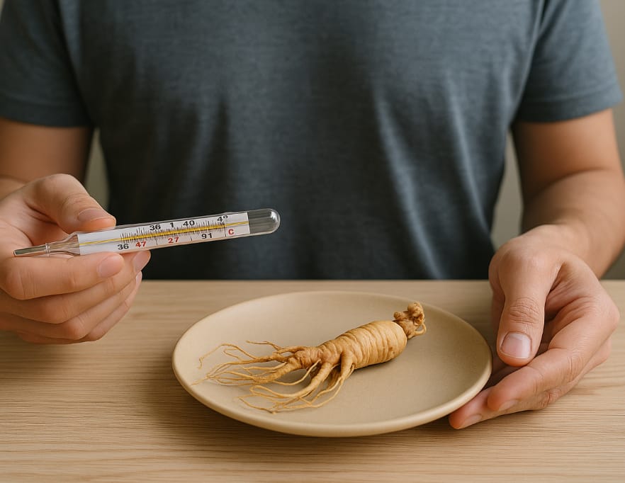 Korean ginseng root on plate with a person holding a thermometer
