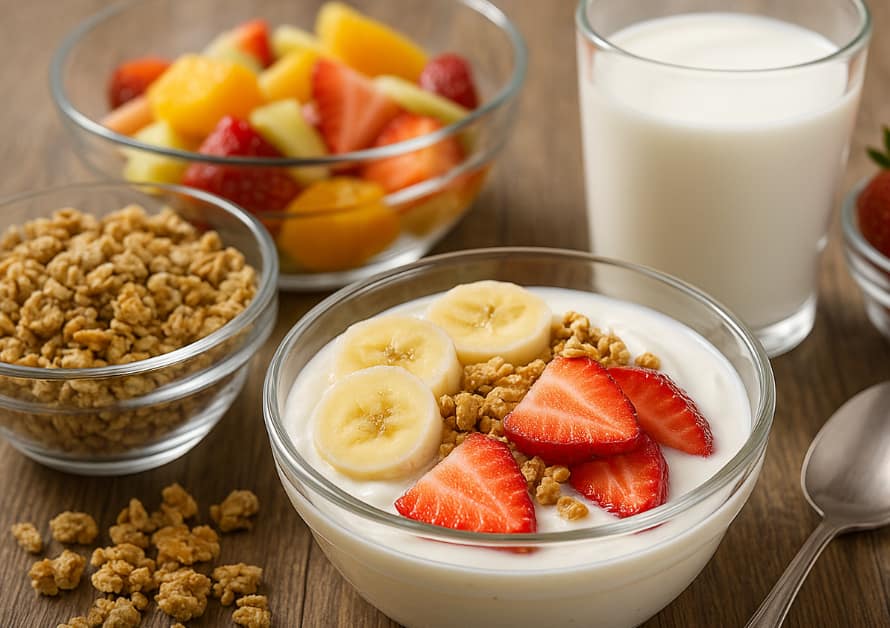 A bowl of yogurt topped with banana, strawberries, and granola as a symbol of functional health foods