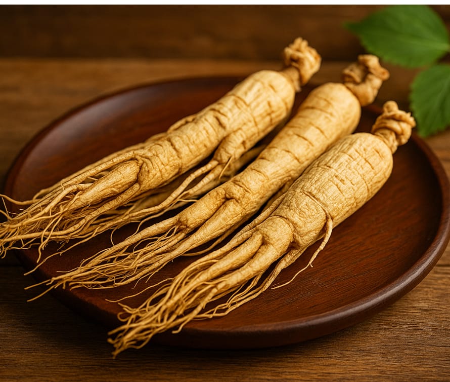 Dried Korean red ginseng roots on a wooden plate for health and wellness