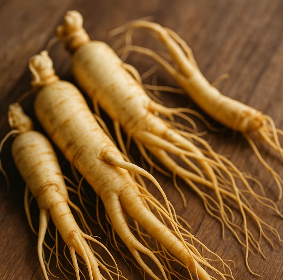 Korean red ginseng root with green leaves on a warm background, 2025