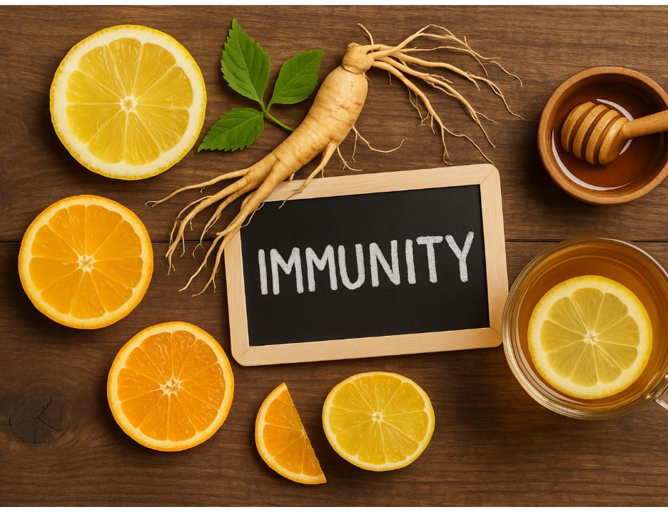 Wild Korean ginseng root with citrus, honey, and tea for immunity