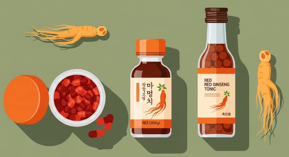 Various forms of Korean Red Ginseng including extract paste, capsules, and liquid tonic bottles