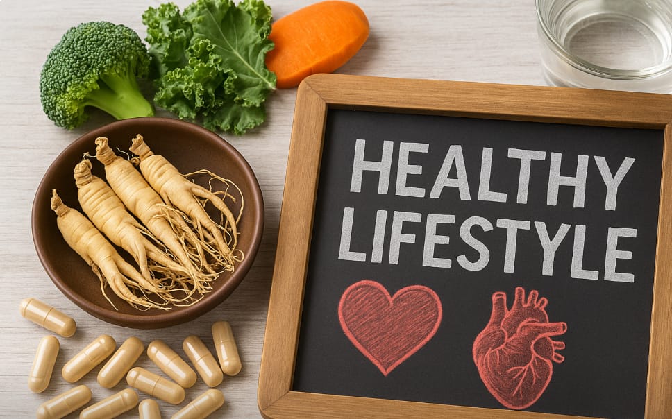 Korean ginseng roots with vegetables, capsules, and healthy lifestyle board