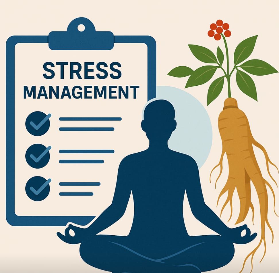 Korean ginseng root and meditation illustration symbolizing stress relief