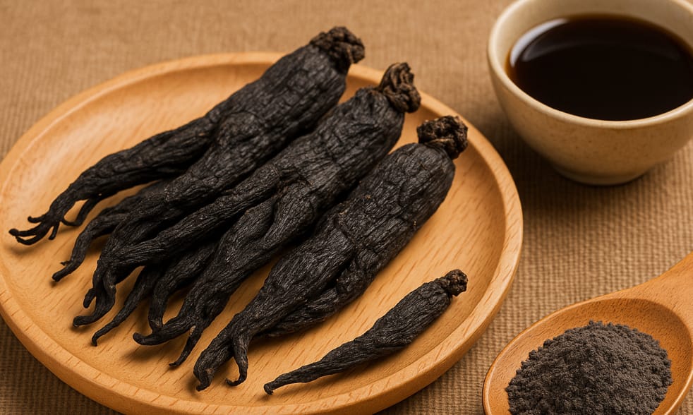 Korean red ginseng root with traditional tea set