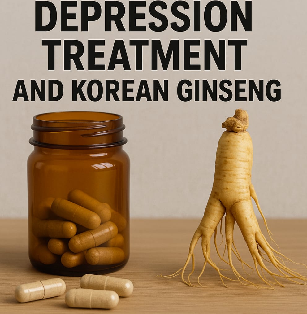 A bottle of capsules and a Korean ginseng root symbolizing natural support for depression treatment.